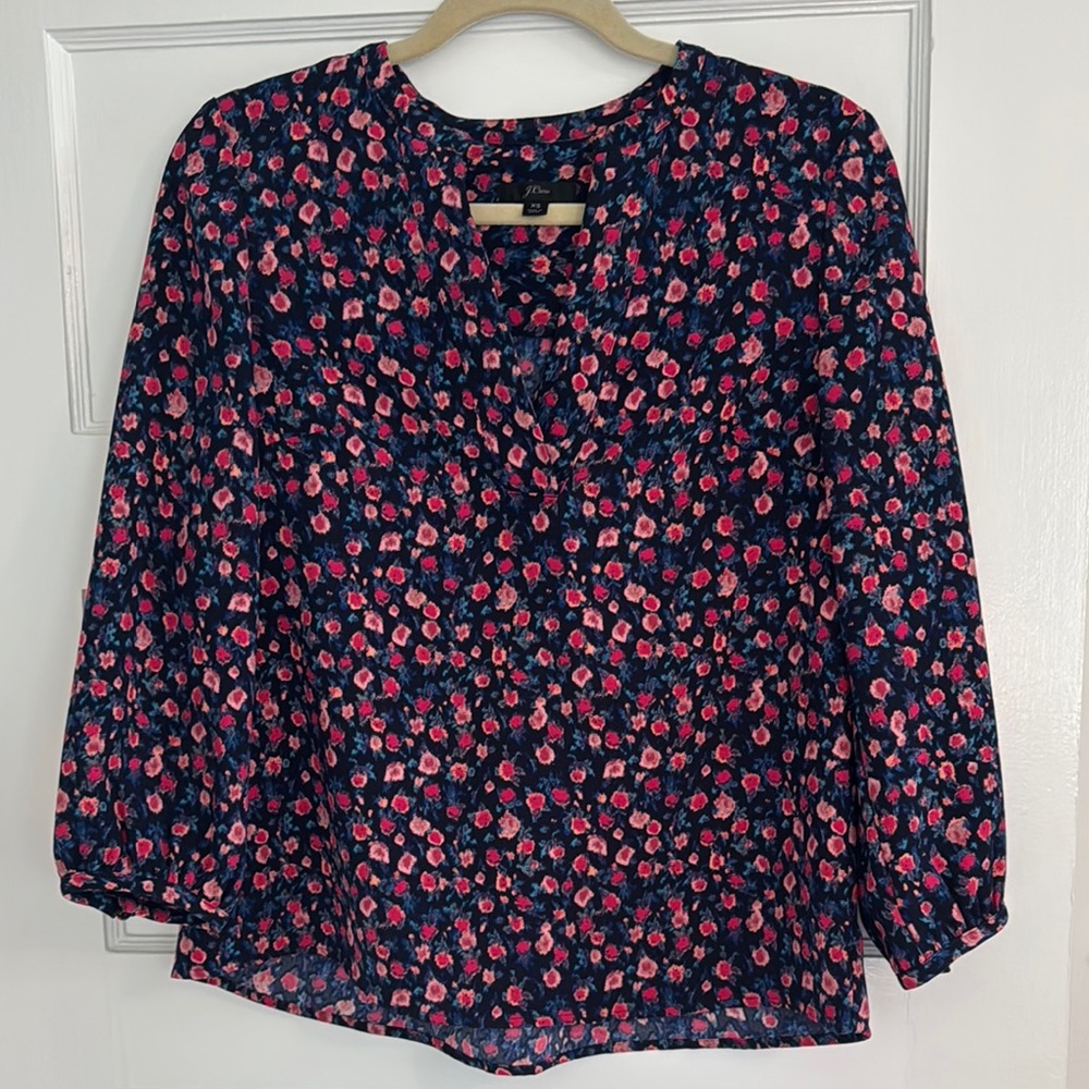 J. Crew Blue and Pink Relaxed Blouse with Peter Pan Collar